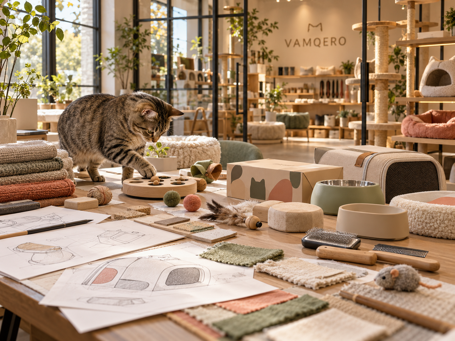VAMQERO cat product studio with playful toys, resting spaces and thoughtful everyday essentials